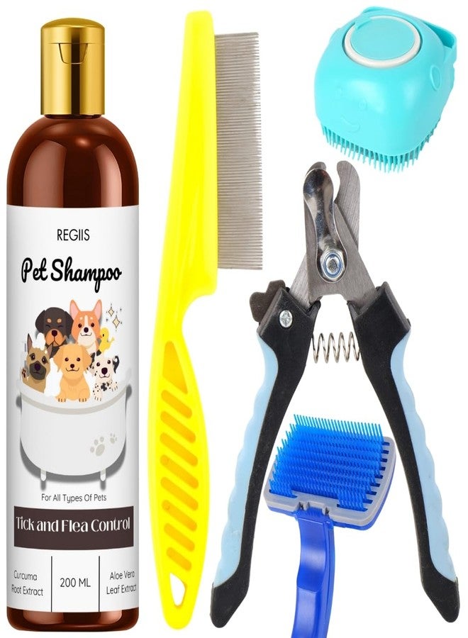 مجموعة العناية بالحيوانات الأليفة مع مقص أظافر، وشامبو لمكافحة البراغيث 200 مل، وفرش للكلاب (عبوة من 5 قطع) - Image 1